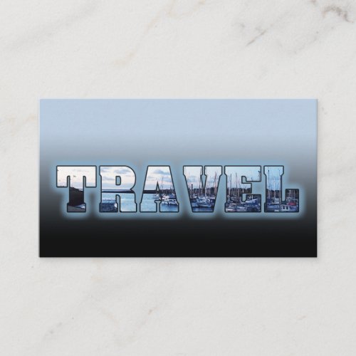 Travel agent text mask blue marina ships in bay business card