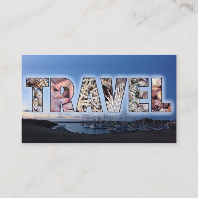Travel agent text mask blue marina ships sea food business card (Front)