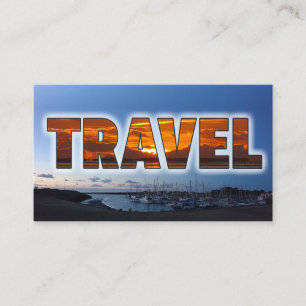 Travel agent text mask blue marina ships sunset business card