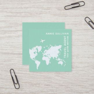 Travel agent with world map and airplane square business card