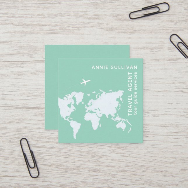 Travel agent with world map and airplane square business card (Front/Back In Situ)