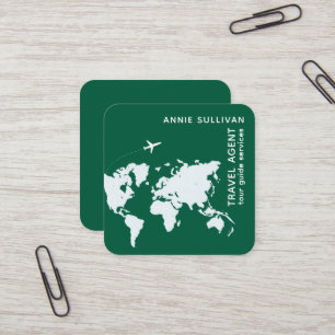 Travel Agent world map and airplane green Square Business Card