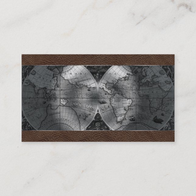 Travel Agent World Map Globe Brown Leather Business Card (Front)