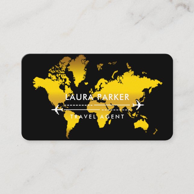 Travel Agent World Map Vacation Gold Glitter  Busi Business Card (Front)