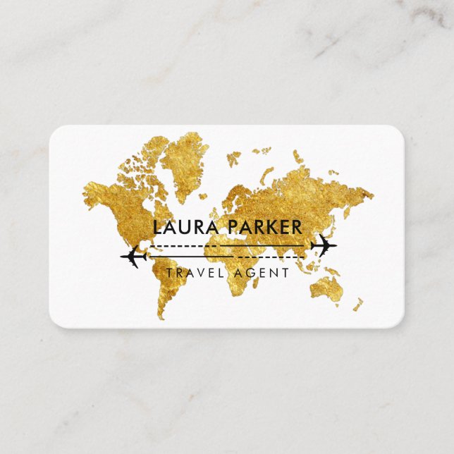 Travel Agent World Map Vacation Gold Glitter Business Card (Front)