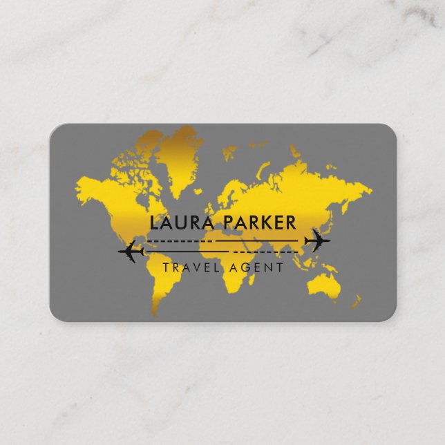 Travel Agent World Map Vacation Gold Glitter Business Card (Front)