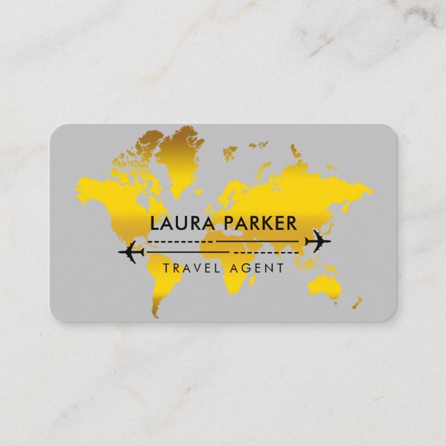 Travel Agent World Map Vacation Gold Glitter  Business Card (Front)