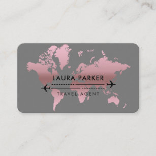 Travel Agent World Map Vacation Rose Gold Business Card