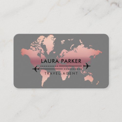 Travel Agent World Map Vacation Rose Gold Business Card