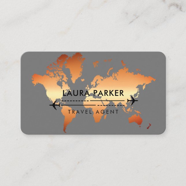 Travel Agent World Map Vacation Rose Gold Business Card (Front)