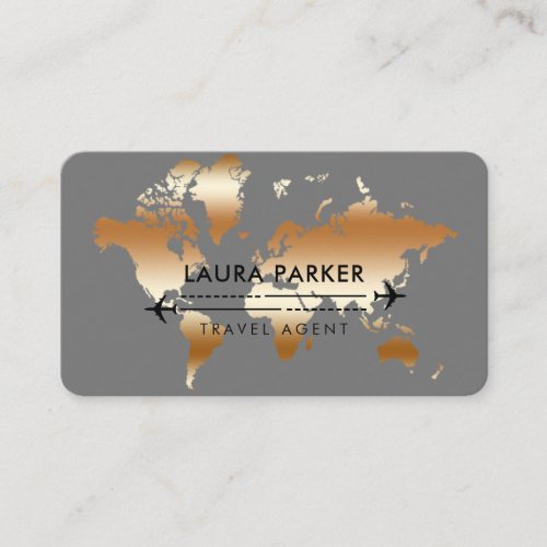 Travel Agent World Map Vacation Rose Gold Business Card