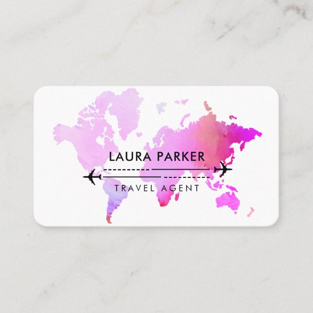 Travel Agent World Map Vacation Services Purple Business Card (Front)