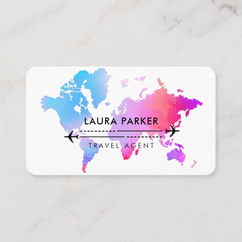 Travel Agent World Map Vacation Water colour Pink Business Card