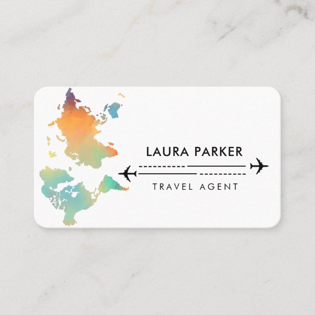 Travel Agent World Map Vacation Water Teal Beach B Business Card (Front)