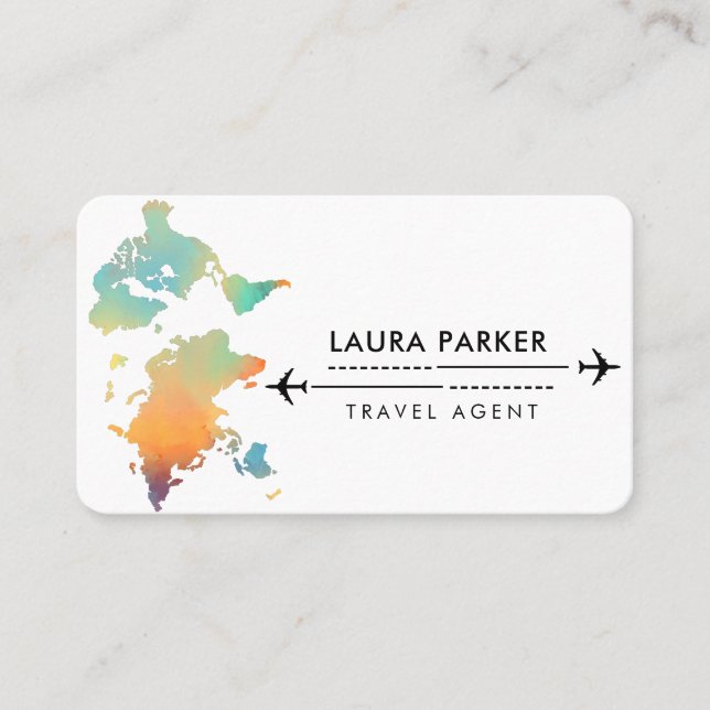Travel Agent World Map Vacation Water Teal Beach B Business Card (Front)