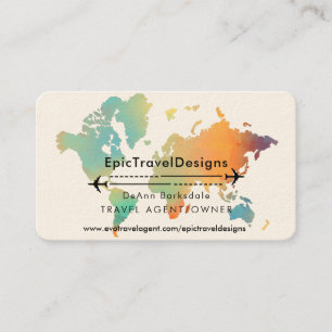 Travel Agent World Map Vacation Water Teal Beach B Business Card