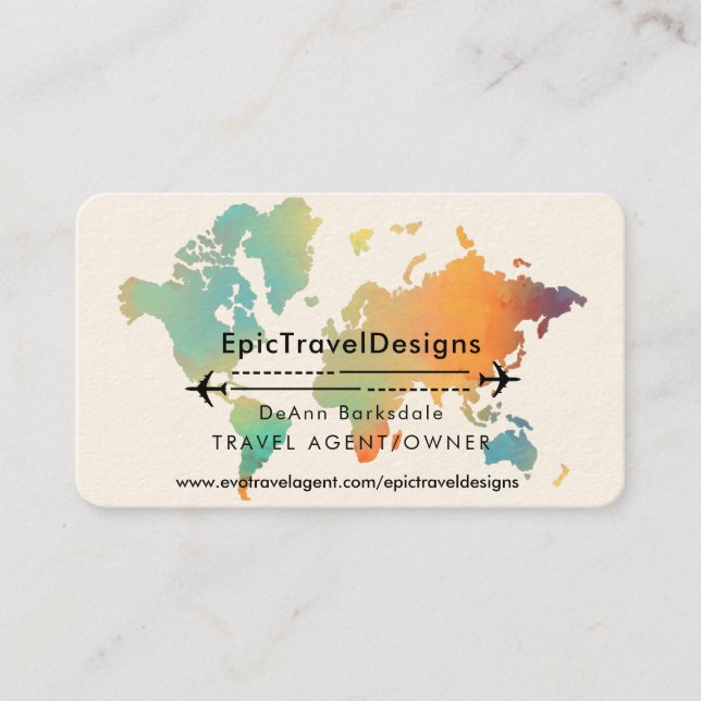 Travel Agent World Map Vacation Water Teal Beach Business Card (Front)