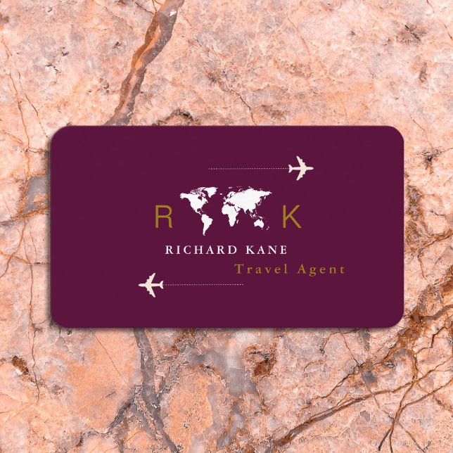Travel Agent worldwide monogram dark wine Business Card (Creator Uploaded)