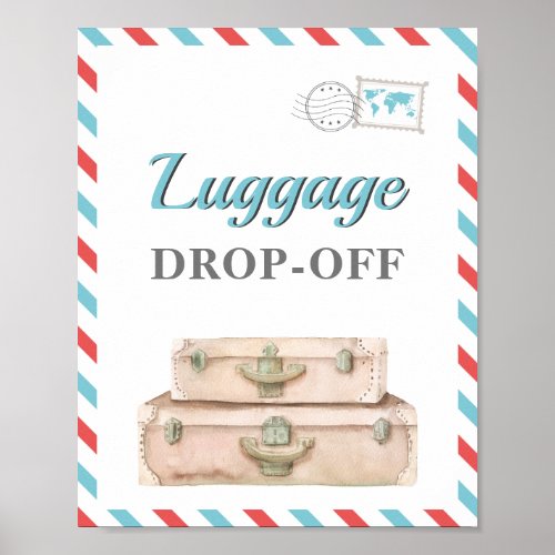Travel Airplane Blue Red Luggage Gift Cards Table Poster
