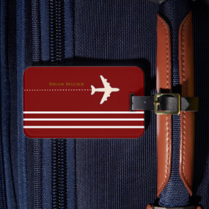 Travel Airplane custom name & initial dark red Luggage Tag