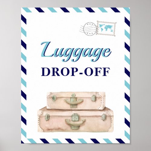 Travel Airplane Navy Blue Luggage Gift Cards Table Poster