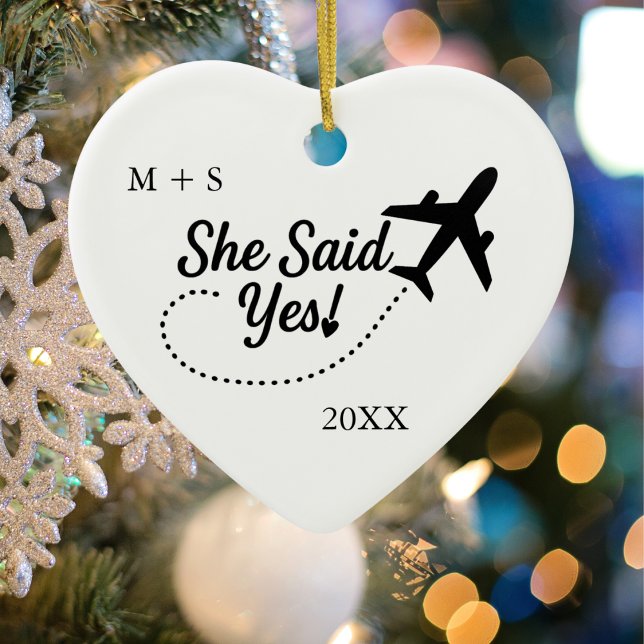 Travel Airplane 'She Said Yes!' Engagement Photo  Ceramic Ornament (back)
