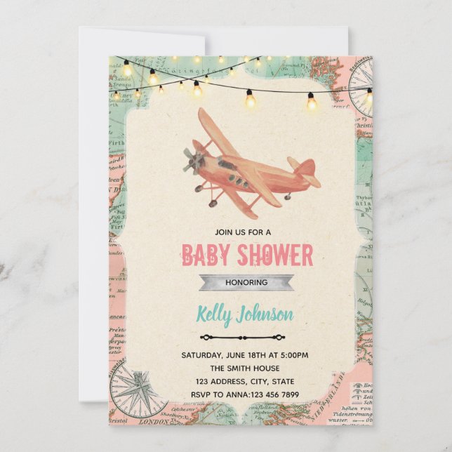 Travel airplane shower birthday invitation (Front)