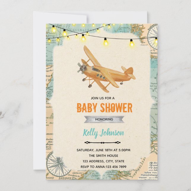Travel airplane shower birthday invitation (Front)