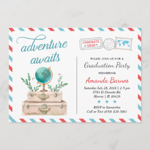 Travel Airplane Suitcases Graduation Grad Red Blue Invitation