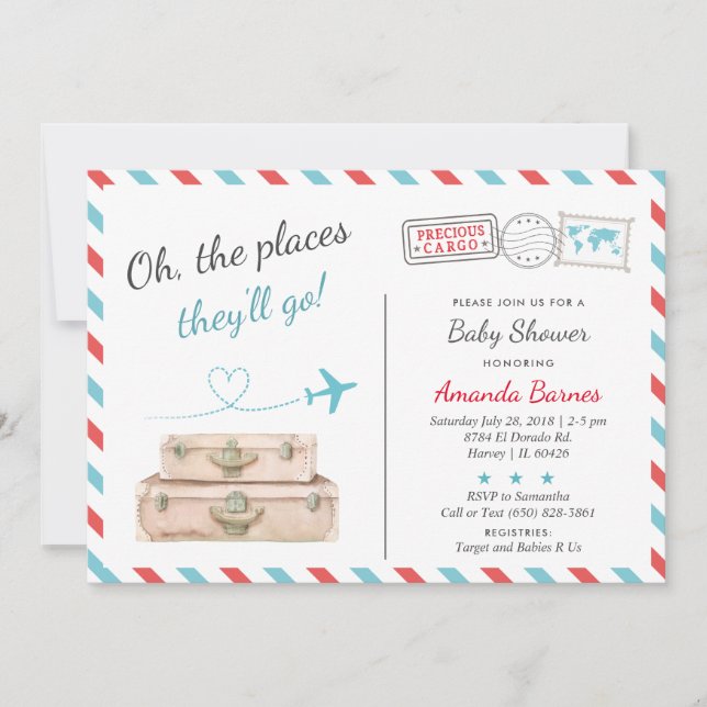 Travel Airplane Twin Baby Shower Sprinkle Red Blue Invitation (Front)