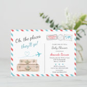 Travel Airplane Twin Baby Shower Sprinkle Red Blue Invitation (Standing Front)