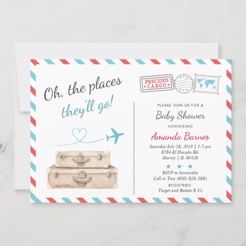 Travel Airplane Twin Baby Shower Sprinkle Red Blue Invitation