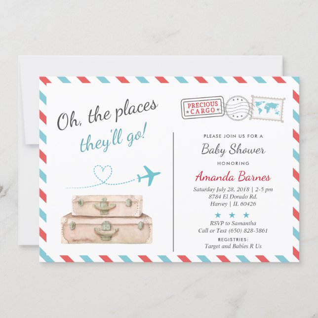 Travel Airplane Twin Baby Shower Sprinkle Red Blue Invitation (Front)