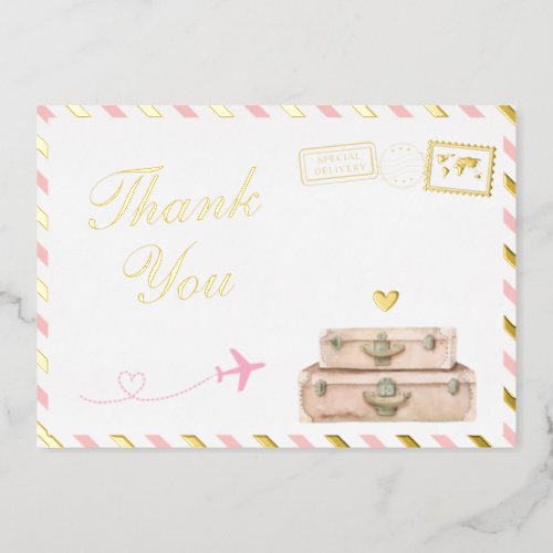 Travel Baby Girl Shower Thank You Card Pink Gold
