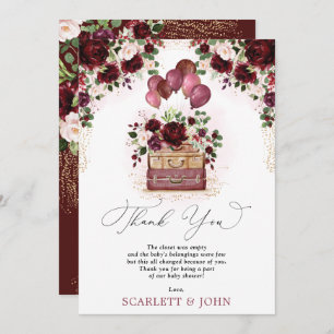 Travel Baby Shower Burgundy Blush Floral Adventure Thank You Card