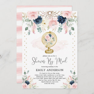 Travel Baby Shower By Mail Pink Blush Navy Floral Invitation