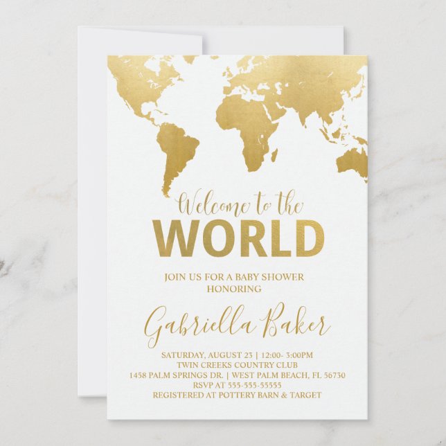 Travel Baby Shower Invitation | Gold Map (Front)