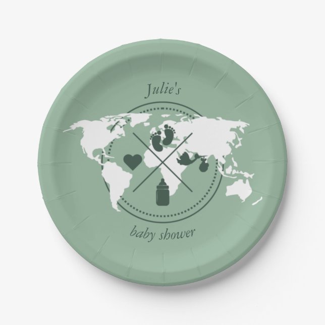 Travel Baby Shower Theme Passport World Map  Paper Plates (Front)