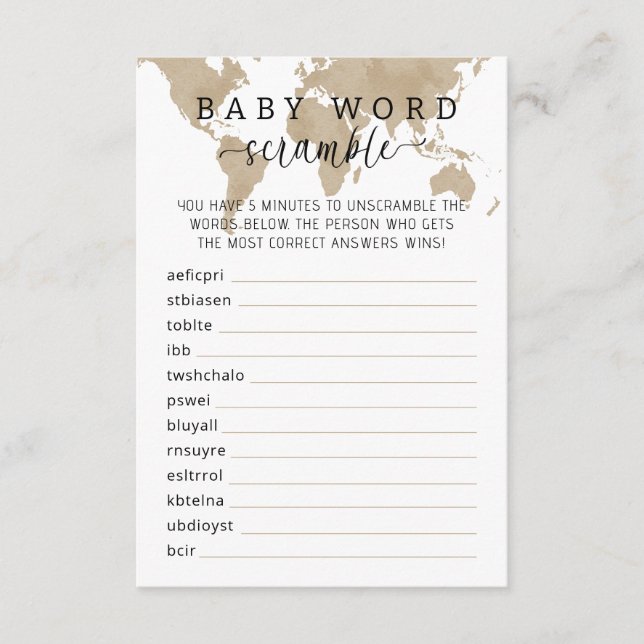 Travel Baby Shower Word Scramble Game Enclosure Card (Front)