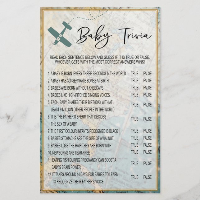 Travel Baby Trivia Baby Shower Game (Front)