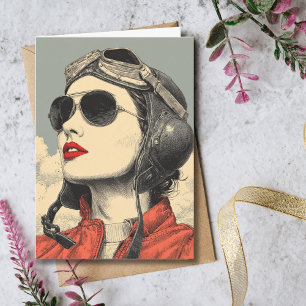Travel Birthday Vintage Retro Aviator Girl Card