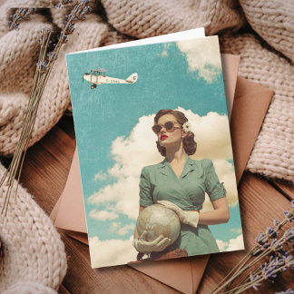 Travel Birthday Vintage Retro Woman Map & Airplane Card