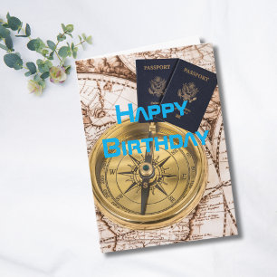 Travel Birthday World Map Passport Compass Fun Card