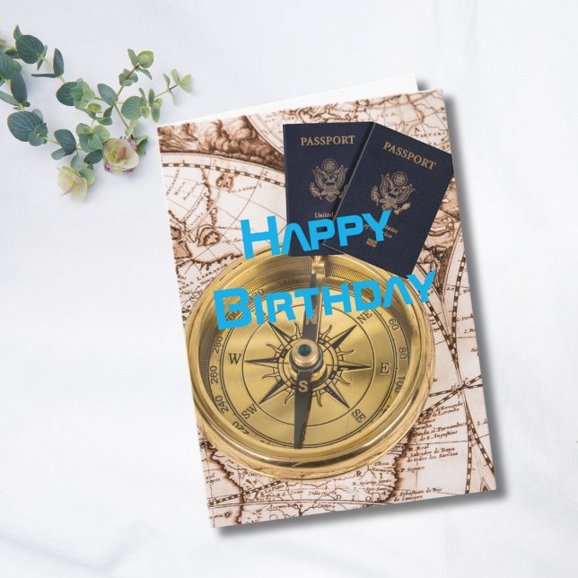 Travel Birthday World Map Passport Compass Fun Card (Creator Uploaded)