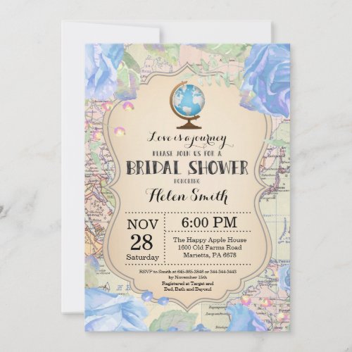 Travel Blue Floral Bridal Shower Invitation