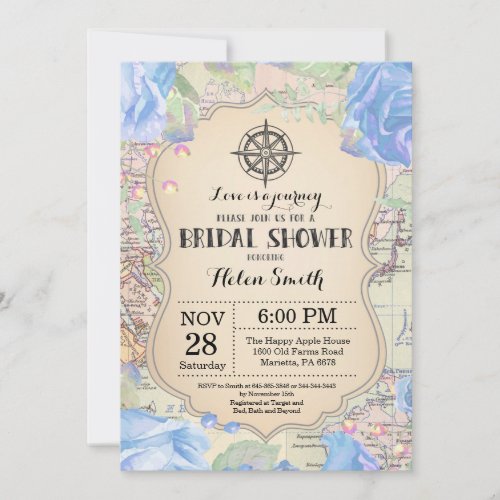 Travel Blue Floral Bridal Shower Invitation