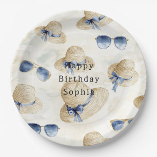 Travel Blue Sunglasses Bows Cream Hats Birthday Paper Plates