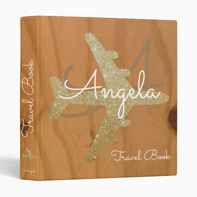 Travel book / golden airplane on wood custom 3 ring binder (Front/Spine)