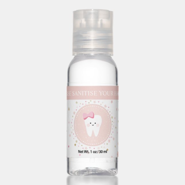 Travel Bottle Sanitizer for the Forst Tooth party. (Front)