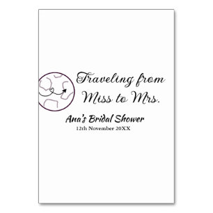 Travel bridal shower add name date miss to Mrs sim Table Number